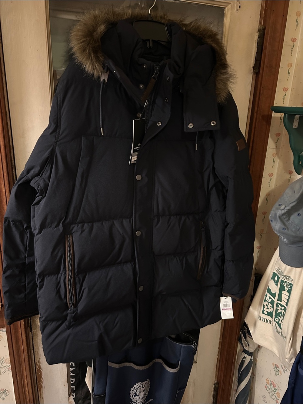 Andrew Marc Pendry Men's Navy Puffer Parka with Faux Fur Trim NWT